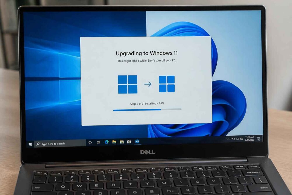 Ekran laptopa Dell z komunikatem o aktualizacji systemu do Windows 11