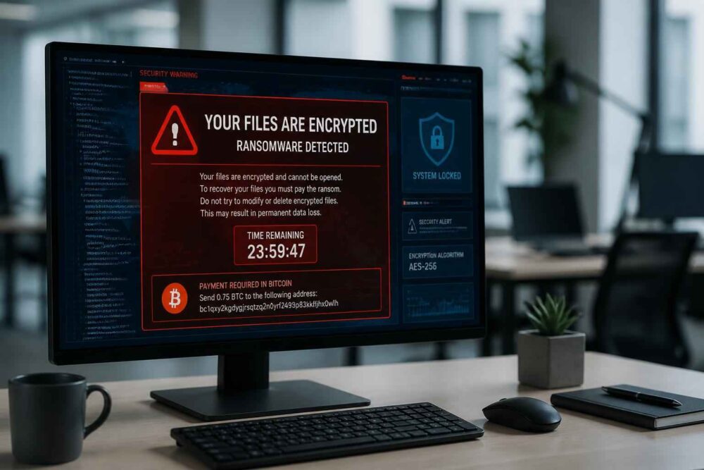 Monitor wyświetla czerwony komunikat o zaszyfrowaniu plików i wykryciu ransomware unerquicklich