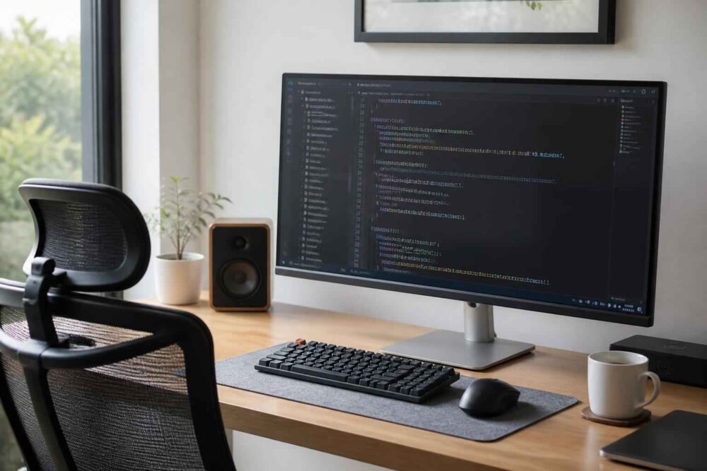 Domowe stanowisko pracy z monitorem wyświetlającym kod, klawiaturą, myszą i głośnikiem na drewnianym biurku