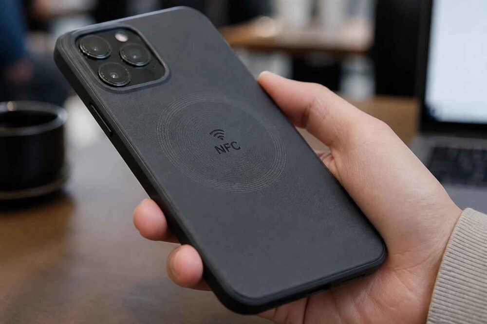Dłoń trzyma czarny smartfon z potrójnym aparatem i oznaczeniem NFC na etui