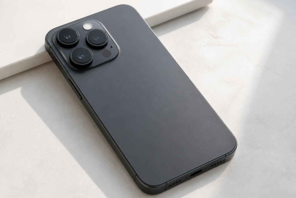 Czarny smartfon leżący na jasnej powierzchni, z potrójnym aparatem na tylnej obudowie