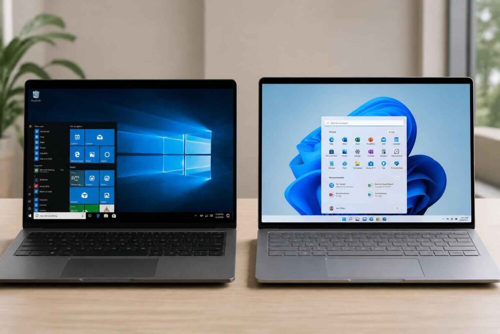 Dwa laptopy stojące obok siebie, z ekranami Windows 10 i Windows 11