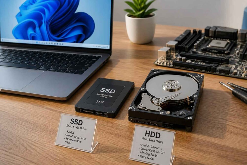 Laptop, dysk SSD i otwarty dysk HDD na drewnianym biurku