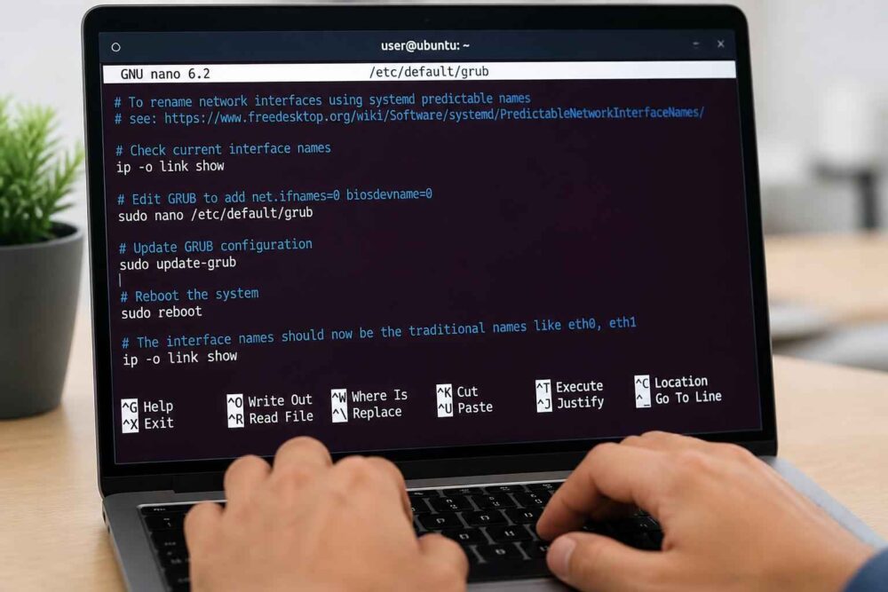 Osoba edytuje plik konfiguracyjny sieci w terminalu Ubuntu na laptopie