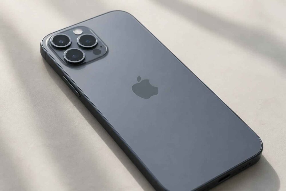Grafitowy iPhone leżący na jasnej powierzchni, z potrójnym aparatem i logo Apple na obudowie