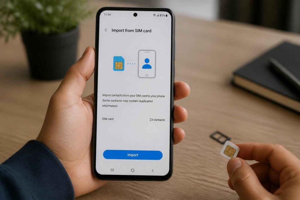 Smartfon wyświetla ekran importowania kontaktów z karty SIM, a obok trzymana jest karta SIM.