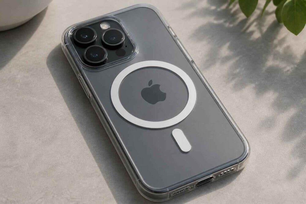 iPhone z potrójnym aparatem w przezroczystym etui z pierścieniem MagSafe na jasnej powierzchni
