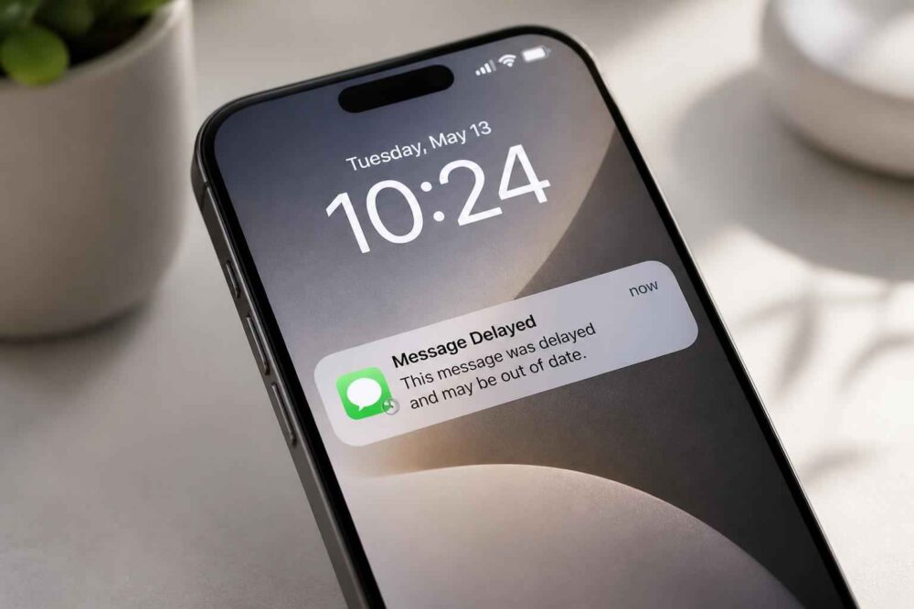 iPhone z opóźnioną wiadomością na ekranie iPhone wyświetla godzinę 10:24 i powiadomienie o opóźnionej wiadomości tekstowej