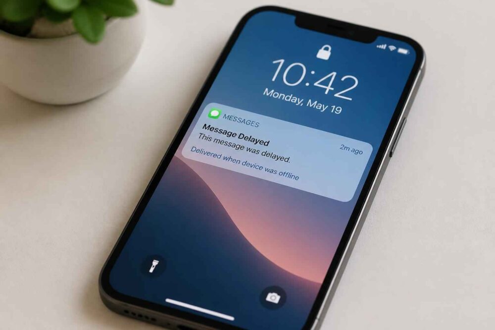iPhone z wyświetloną godziną 10:42 i powiadomieniem o wiadomości