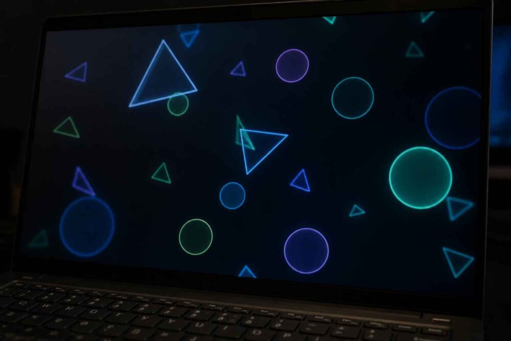 Ekran laptopa z neonowymi trójkątami i okręgami na ciemnym tle