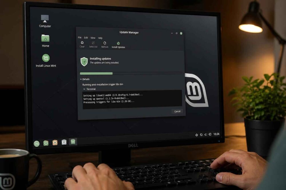 Monitor z otwartym oknem ustawień zabezpieczeń systemu Linux Mint przy klawiaturzelaryna