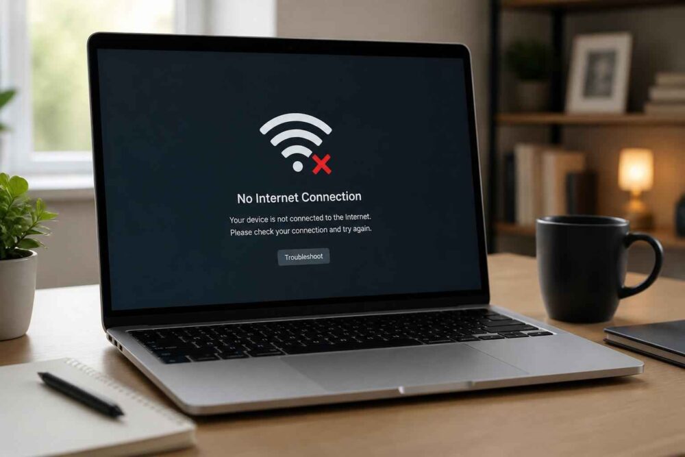 Laptop na biurku wyświetla komunikat o braku połączenia z internetem