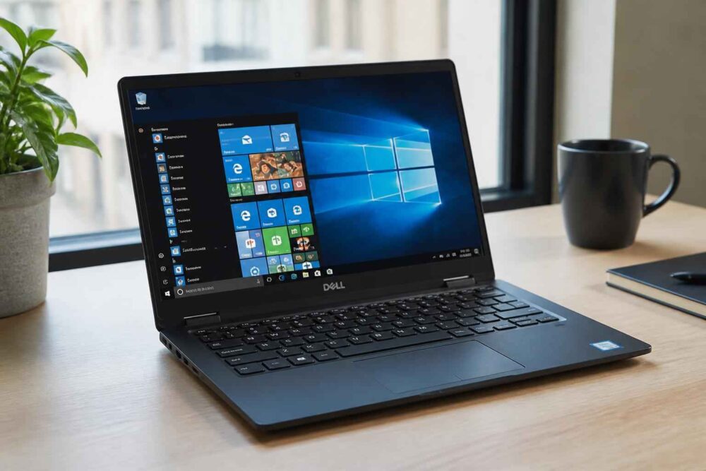 Laptop Dell z otwartym systemem Windows 10 stoi na drewnianym biurku obok rośliny i kubka kawy