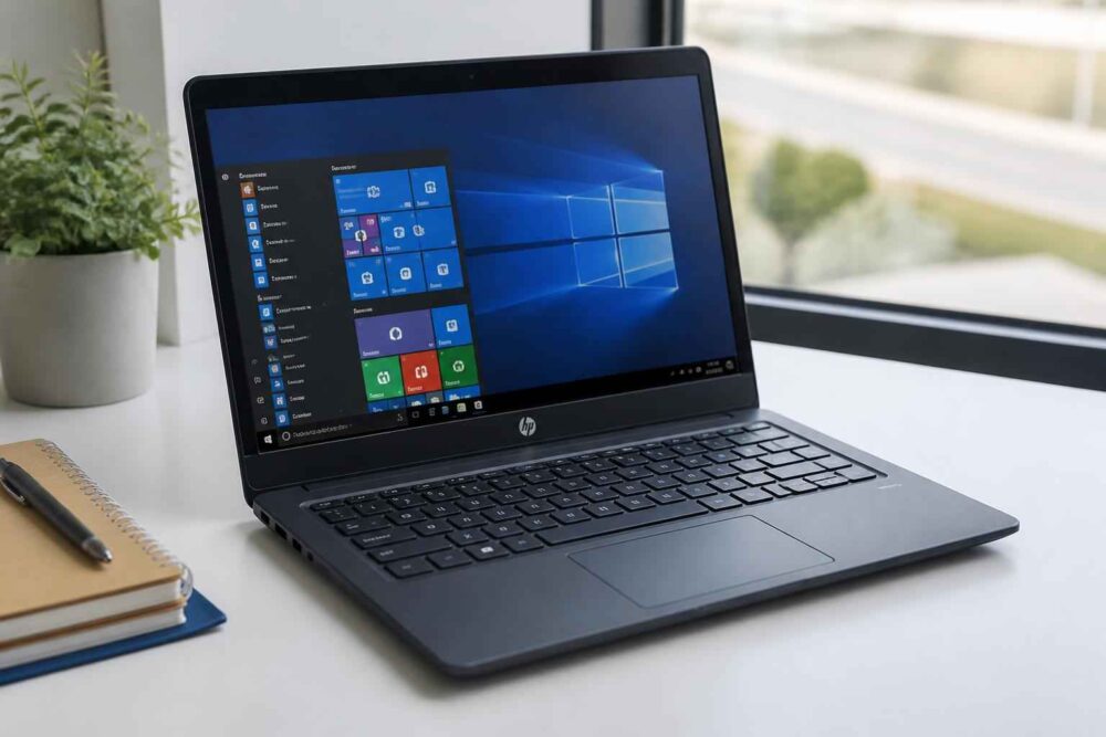 Laptop HP z ekranem startowym Windows 10 na biurku obok rośliny i notesu