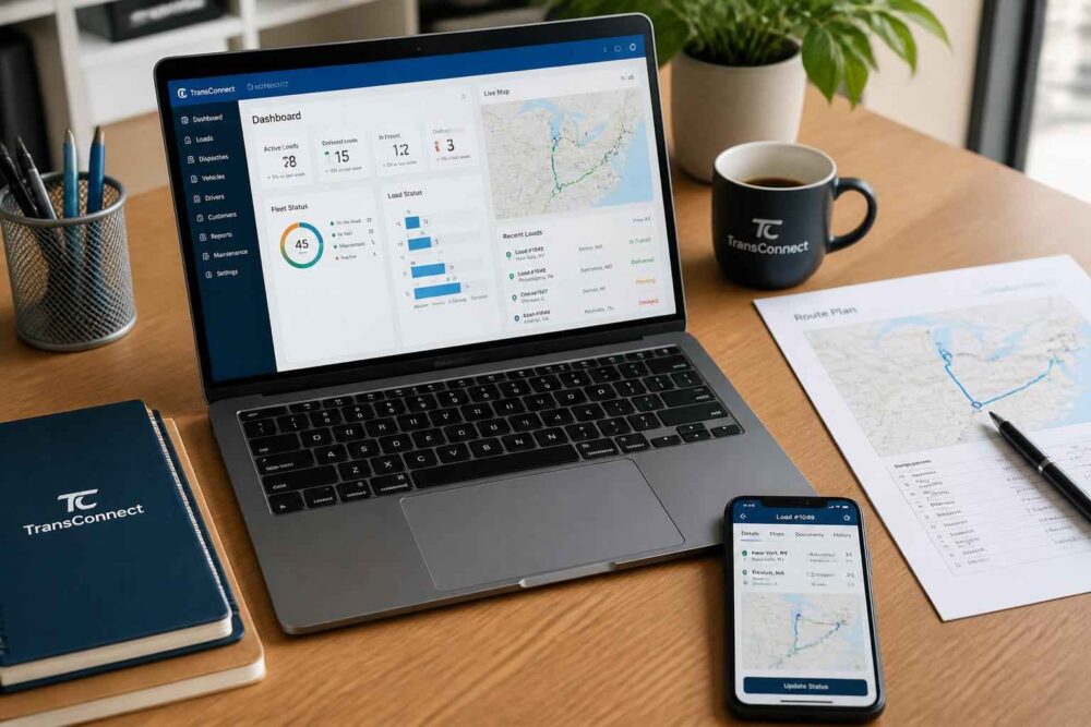 Laptop i smartfon z mapą tras oraz planerem podróży na biurku z kawą i dokumentami
