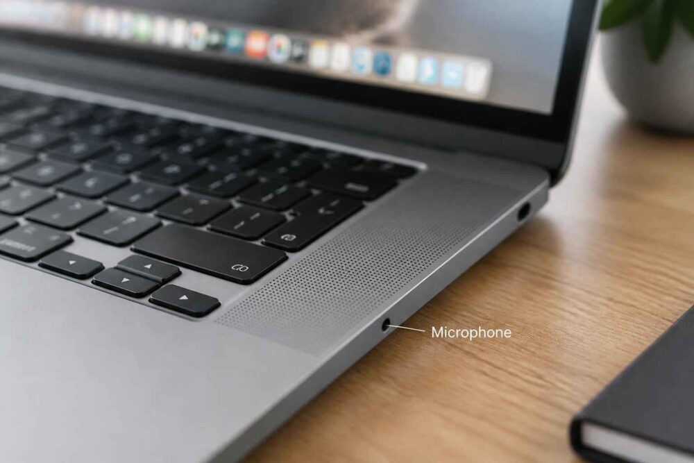 Zbliżenie na klawiaturę laptopa i wbudowany mikrofon na drewnianym biurku