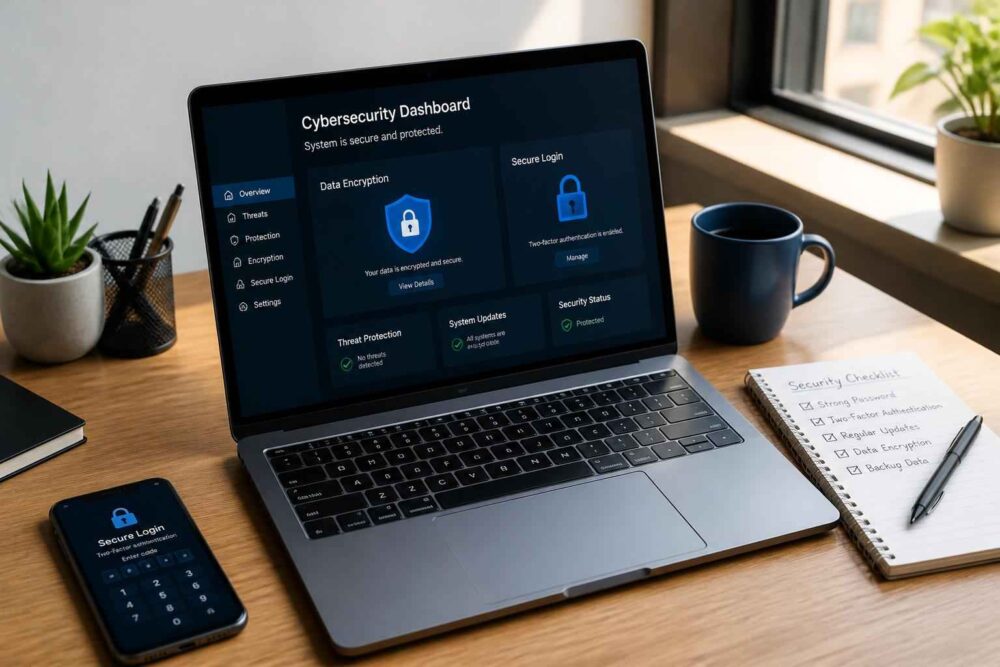 Laptop z panelem cyberbezpieczeństwa obok kubka kawy, rośliny i notatnika na drewnianym biurku