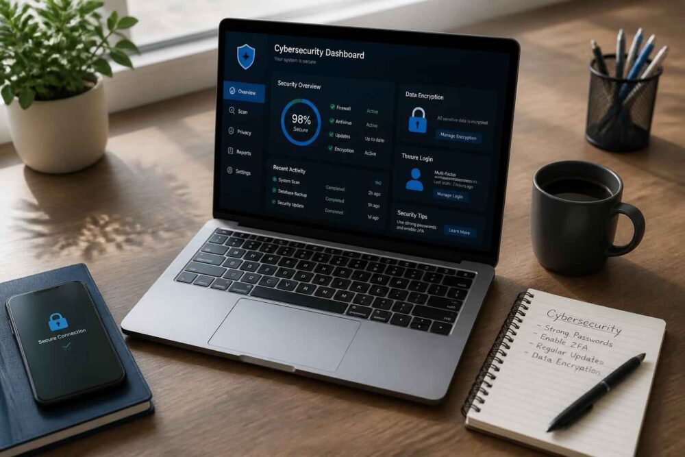 Laptop z pulpitem ochrony danych na biurku Laptop z panelem bezpieczeństwa cyfrowego, smartfonem, kubkiem kawy i notatnikiem na drewnianym biurku
