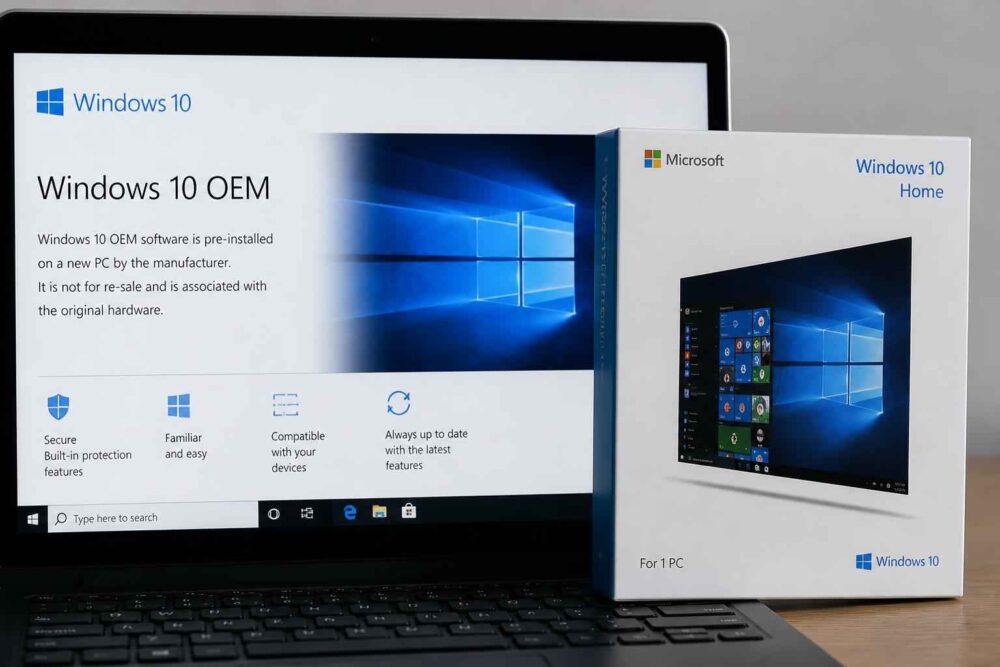 Laptop z ekranem Windows 10 obok pudełka z licencją Windows 10 Home