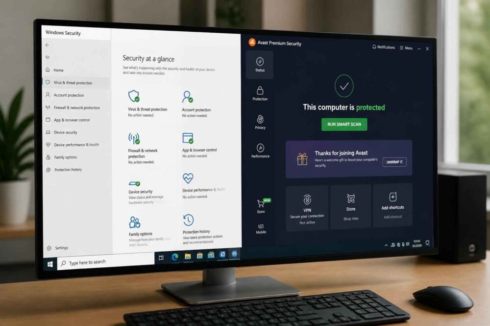 Monitor wyświetla ustawienia zabezpieczeń systemu Windows i program antywirusowy przy biurku z klawiaturą i myszą