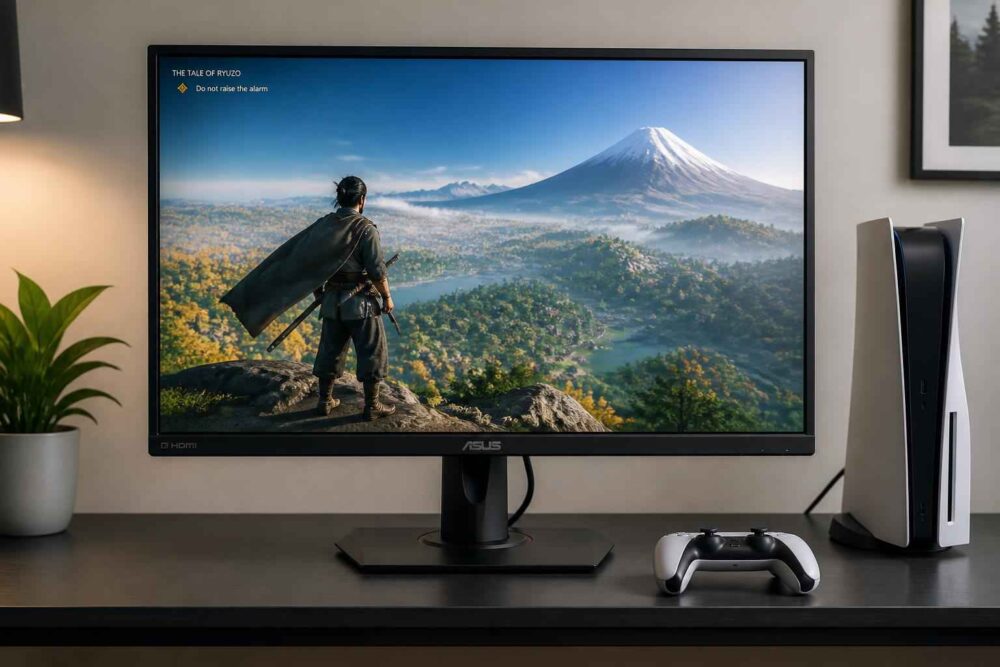 Monitor wyświetlający krajobraz z górą Fuji, obok konsola PlayStation 5 i kontroler na biurku