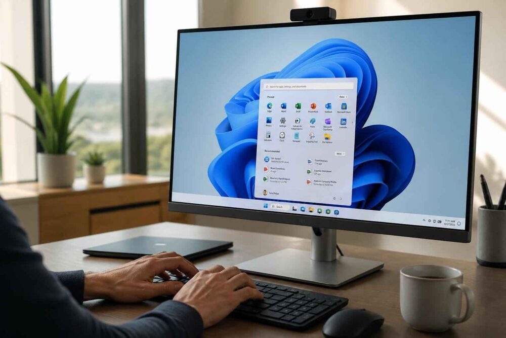 Obsługa komputera z systemem Windows 11 przy biurku Osoba korzysta z komputera z systemem Windows 11, siedząc przy biurku obok okna