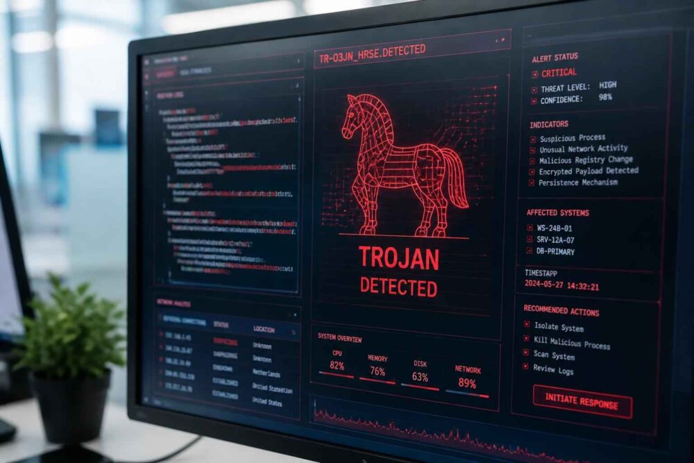 Monitor komputera z czerwonym ostrzeżeniem Trojan Detected i schematem konia trojańskiego