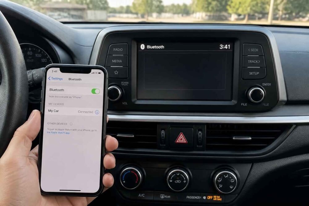 Parowanie iPhone’a z samochodowym Bluetooth Dłoń trzyma iPhone’a podczas łączenia z systemem Bluetooth w samochodzie