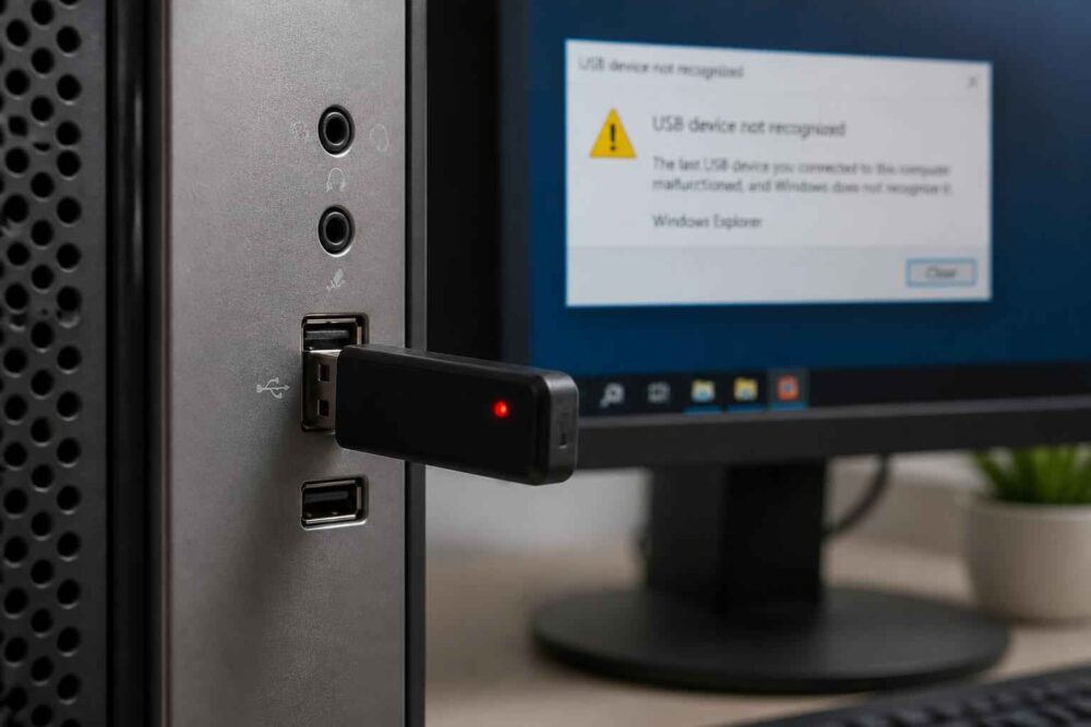 Pendrive USB podłączony do komputera z komunikatem o nierozpoznanym urządzeniu na monitorze