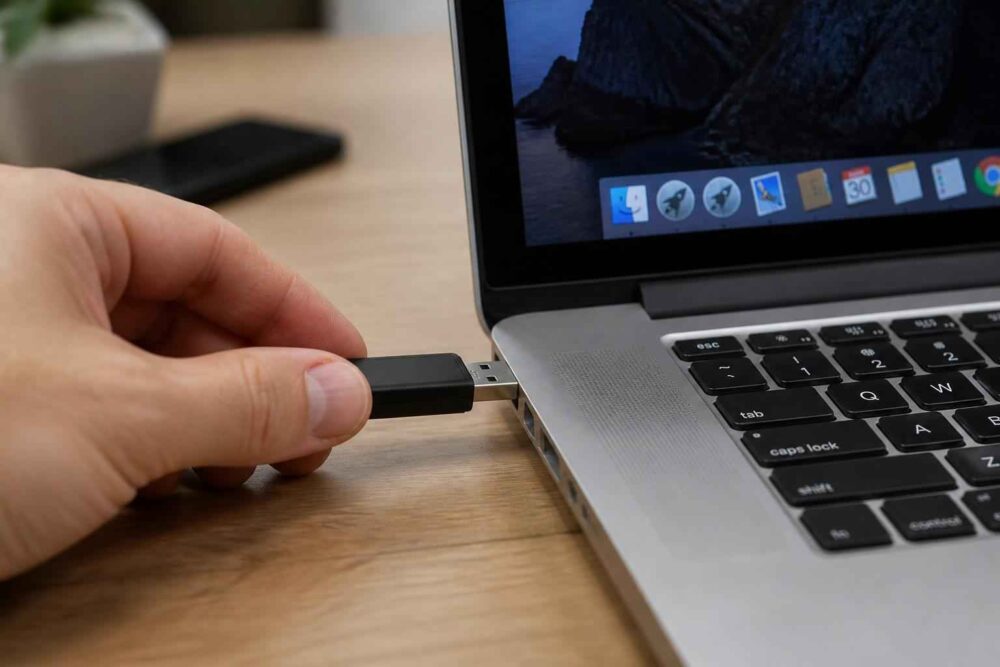Dłoń podłącza pamięć USB do portu laptopa na drewnianym biurku