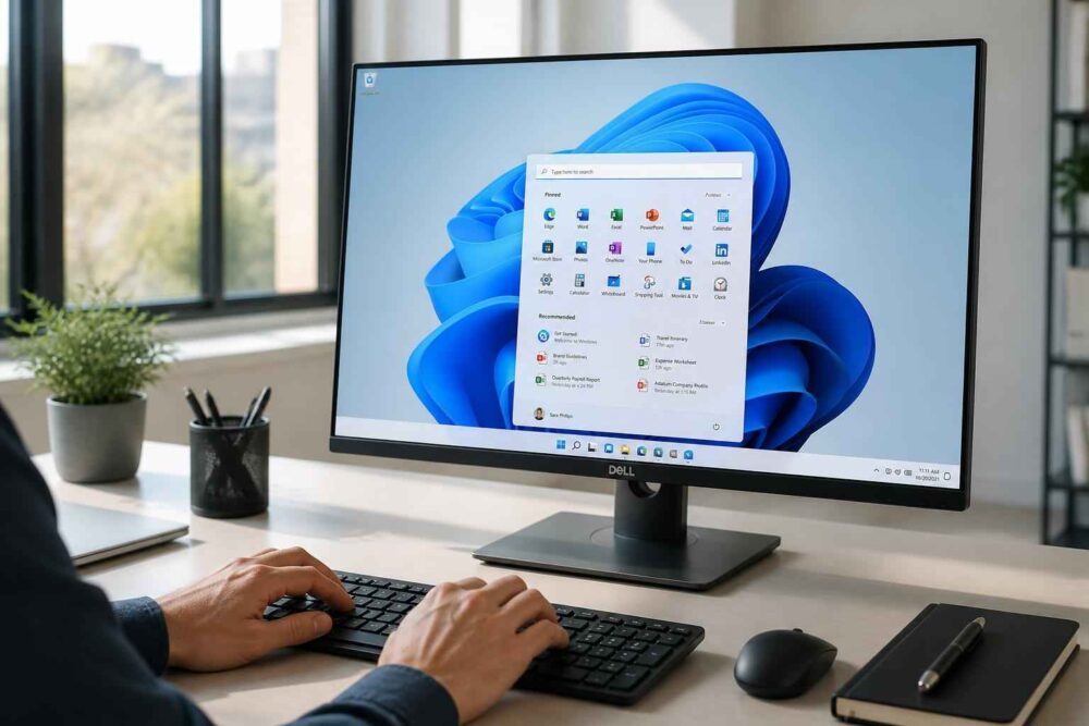 Osoba korzysta z komputera stacjonarnego z systemem Windows 11 przy biurku przy oknie