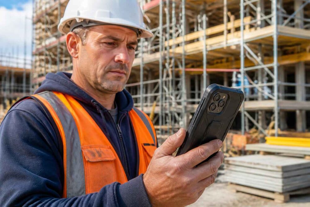 Pracownik budowlany w kasku i kamizelce odblaskowej sprawdza smartfon na placu budowy