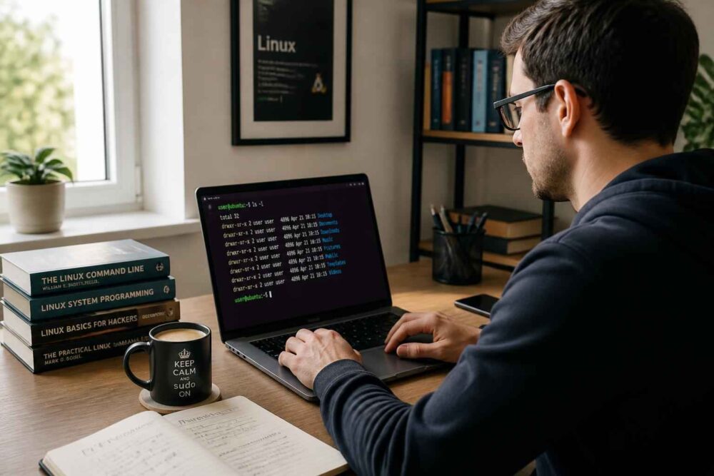 Mężczyzna przy laptopie z otwartym terminalem Linux, pracujący przy biurku z książkami