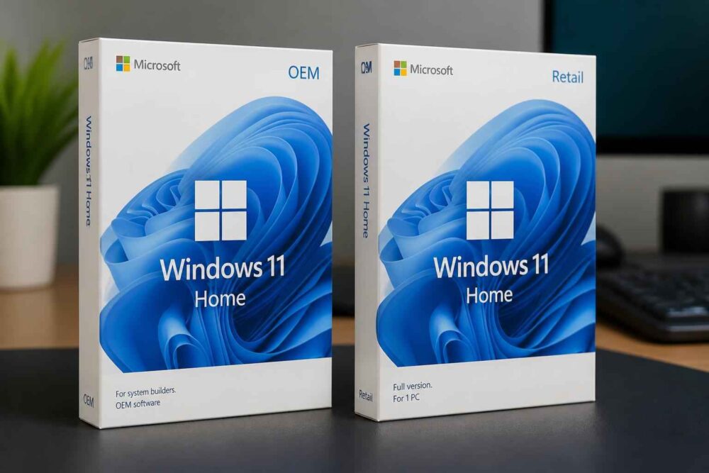 Dwa pudełka Windows 11 Home w wersjach OEM i Retail stojące na biurku