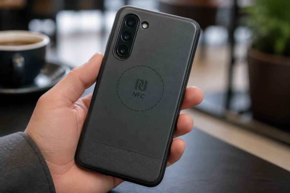 Dłoń trzyma czarny smartfon z potrójnym aparatem i symbolem NFC na etui, obok filiżanki kawy