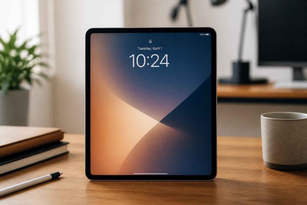 Tablet z godziną 10:24 stoi na drewnianym biurku obok książek i kubka kawy