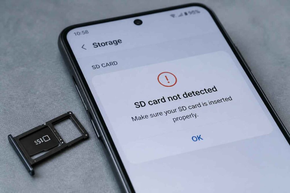Smartfon wyświetla komunikat SD card not detected obok wysuniętej tacki na kartę pamięci-vesm