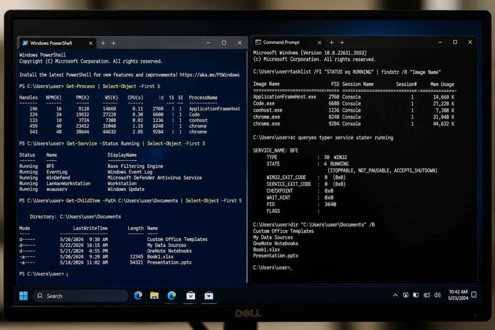 Dwa okna terminala Windows wyświetlające informacje o systemie i konfiguracji komputera