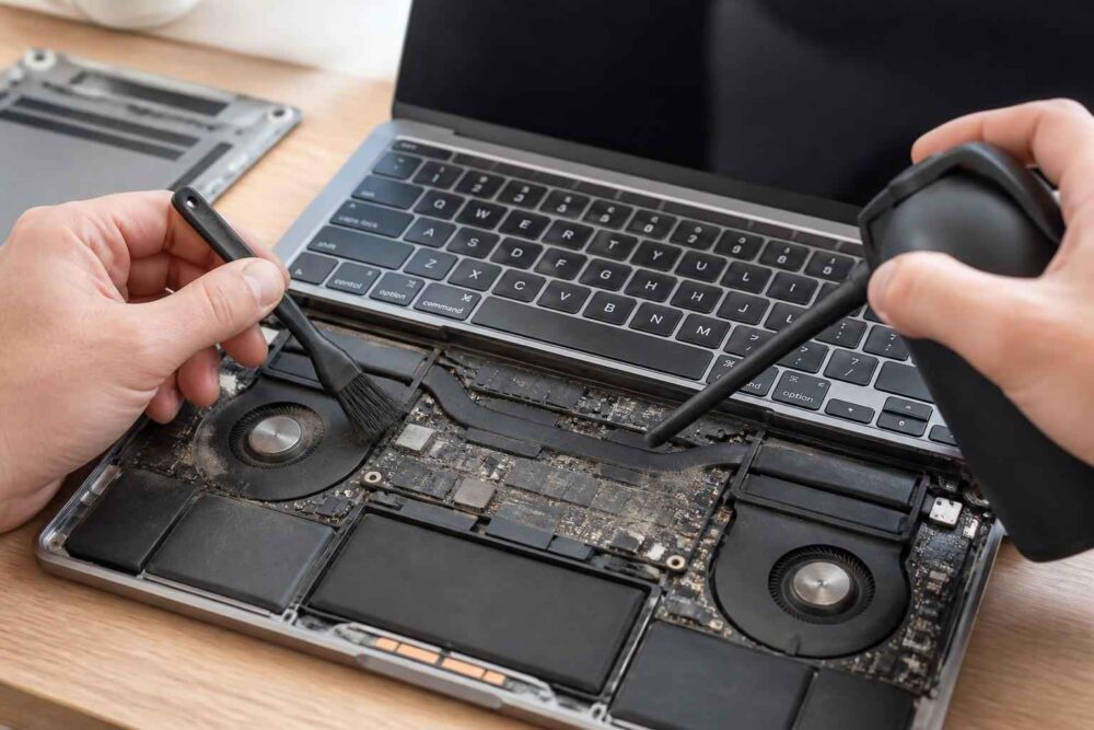 Czyszczenie podzespołów i wentylatorów laptopa za pomocą pędzelka i sprężonego powietrza