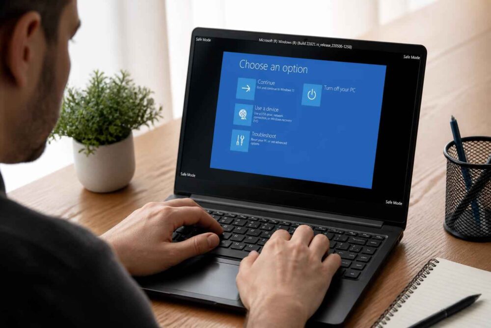 Mężczyzna korzysta z laptopa z niebieskim ekranem wyboru opcji przy biurku